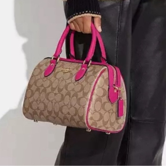 Coach Rowan Khaki Cerise Signature Canvas Medium Satchel Bag